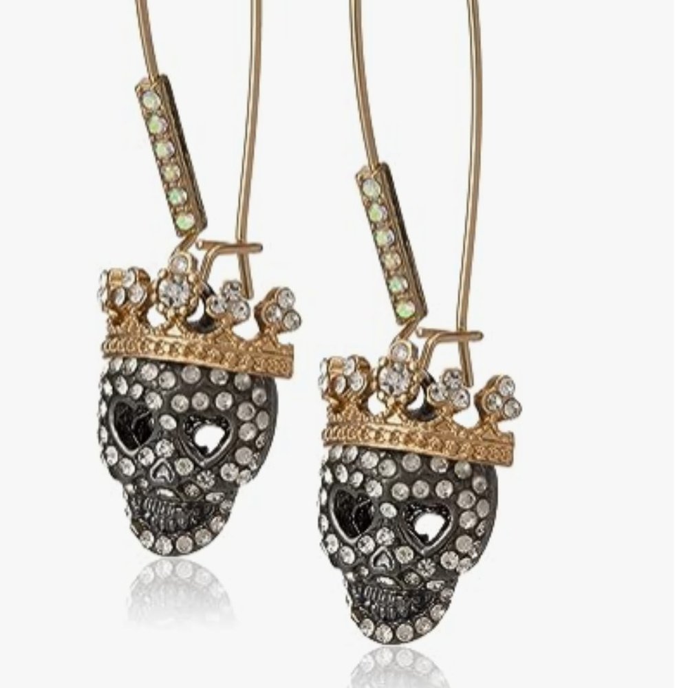 Brand New Betsey Johnson Pave Skull Dangle Earrings